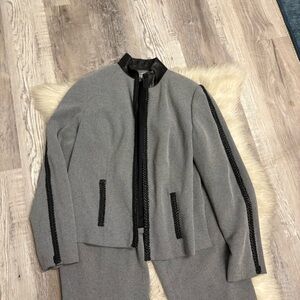 Katherine Kelly suit jacket & pants gray w/ black braided leather trim sz sm 4/6